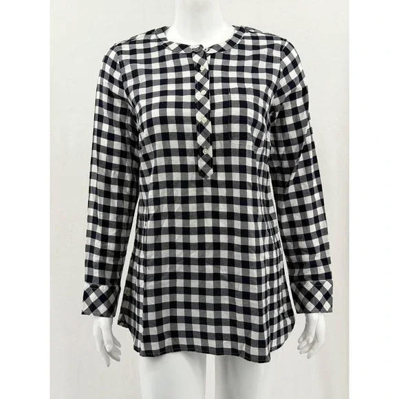 Talbots Top Womens Small Navy Gingham Popover Tunic Long Sleeve 100% Cotton NWT - Picture 1 of 10